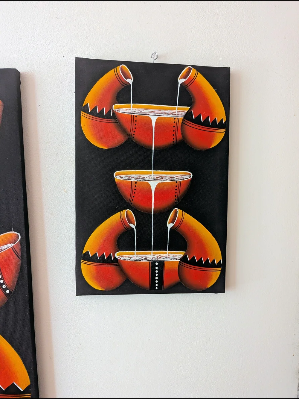 Set of 2 Hand Painted African Oil On Canvas Paintings Tribal Gourd Wall Art